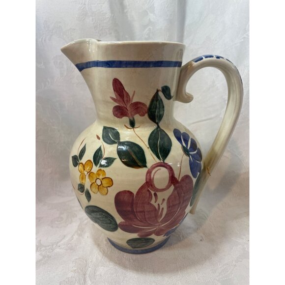 Vintage Handpainted Floral Ceramic Pitcher With Handle *DAMAGED*READ* - Picture 8 of 9